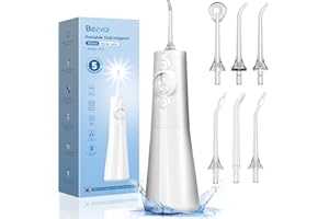 Bezvoi Water Flosser for Teeth Cordless: Professional Oral Irrigator LED Display 5 Modes, 300ML Water Tank, IPX7 Waterproof Electric Tooth Cleaner, Water Floss with 6 Jet Tips for Home Travel, White