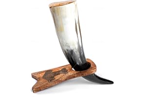 Norse Tradesman Cuerno Para Beber Vikingo de Cuerno de Buey Genuino de 50 cm Con Soporte de Madera Maciza Grabado Con El Martillo de Thor | The Mjolnir, Polished, 50 cm