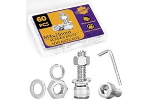 ZERDANS 60 Stück M3 Schrauben Muttern Sortiment Set, M3x25mm Edelstahl Zylinderschrauben Innensechskant Schrauben Set, Sechskopf-Knopf Schrauben Muttern und Unterlegscheiben mit Schraubenschlüssel