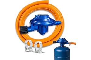 TECHZOCO Kit Completo butano para bombona de butano de Camping + Tubo Goma 1,5 Metros + 2 Abrazaderas Seguridad, Homologado,Apto para aparatos de Gas para Camping, barbacoas y Calentadores
