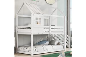 Azkoeesy Litera para 2 niños, 90 x 200 cm, Cama Infantil en Forma de casa, con Escalera, Ventana, Techo, Material de Pino, Color Blanco