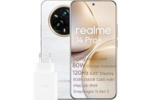 realme 14 Pro+ 5G Smartphone, 50MP Sony OIS Camera, Snapdragon 7s Gen 3 Chipset, 5260mAh Battery, 80W Fast Charge, 1.5K OLED Display, IP69, Dual Nano SIM, 8+256GB - Blanco