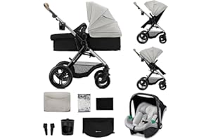 Kinderkraft MOOV XL 3 en 1, Carrito bebé hasta 27 kg, Carro, Con Asiento I-SIZE 40-75 cm, Plegable, Amortiguación, Convertible, Capazo XL, Con accesorios, Gris Claro