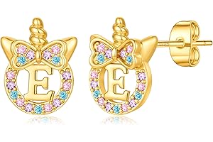 TINGN Einhorn Ohrringe für Mädchen Geschenke - Hypoallergene Silber 925 Bunte Regenbogen Zirkonia Ohrstecker mit Buchstaben Gold Ohrringe Kinder Schmuck Einhorn Geschenk für Mädchen 5-12 Jahre