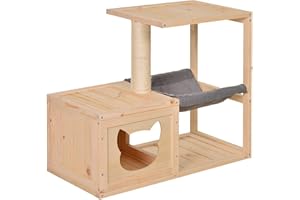 PawHut Cat House with Hammock, Cat Box with Sisal Trunk, Cat Cave, Cat Tree, Cat Activity Centre, Fir Wood, Natural, 70 x 35 x 60 cm