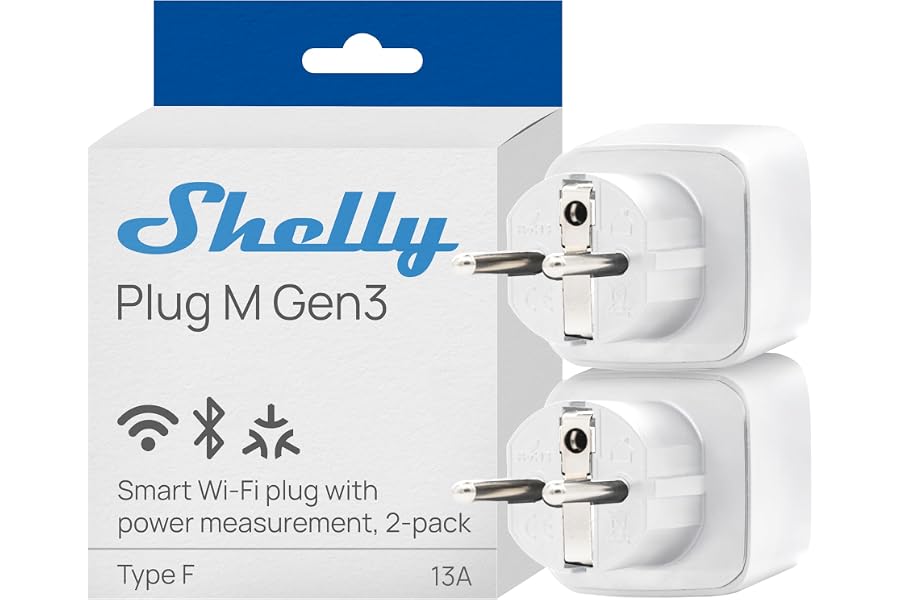 Produktabbildung zu Shelly Plug M Gen3 Weiß - WLAN & Matter Smarte Steckdose, Leistungsmessung, 13A, 3000W, Zeitschaltuhr, Stecker, Smart Home Stecker, Alexa & Google, Apple HomeKit, Kein Hub Erforderlich (2 Stück)