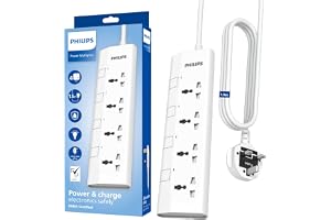Philips 4-Way Universal Power Extension Cord with Individual Switches (1.5M), 2500W Overload Protection, 750°C Fire-Resistant, 3x1mm² Heavy Duty Cable, 13A Fuse, ESMA Certified, UK Plug - White