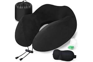 Kulamo Cuscino da Viaggio, Cuscino Collo Memory Foam, Cuscino Cervicale da Ufficio Ergonomico Portatile, con Maschera per Dormir, Tappi auricolari, Borsa, Perfetto per Aereo, Auto e Treno (Nero)