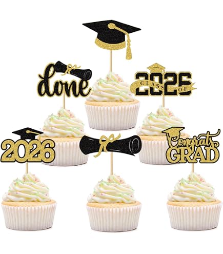 24 Decorazioni Glitterate Per Cupcake 2026 – Cake Topper Per Festa Di Laurea, 6 Stili Con Scritta "Congratulazioni" E Cappello, Atossici