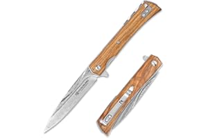 YOUSUNLONG Coltello pieghevole da campeggio - Lama in acciaio Damasco martellato - Rivestimento in legno d'ulivo italiano