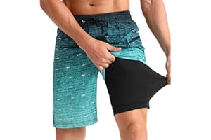 iCKER Men's Swimming Shorts with Compression Liner 2 in 1 Swimming Trunks Quick Dry 9 inch Inseam Board Shorts with Zipper Pockets