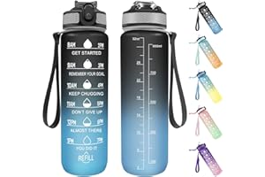 Invool Sports Water Bottle, 1 Litre Water Bottle with Straw & Time Markings, BPA Free, Leakproof & Secure Locking Lid, Tritan Plastic Drink Bottle for School/Cycling/Camping/Running (Black Blue)
