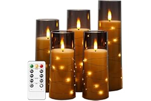 salipt Flameless Candles, LED Battery Operated Flickering Candles, Moving Flame Electric Candle Sets Glass Effect with Remote Timer, Set of 5, H 5" 6" 7" 8" - Fairy Lights Grey