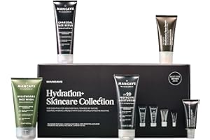 ManCave Hydration+ Skincare Collection Gift Set, SPF 20 Protective Moisturiser, Face Wash, Face Scrub, Hyaluronic Face Serum, Anti-Fatigue Eye Gel, Dermatologically Tested, Vegan, Packaging May Vary