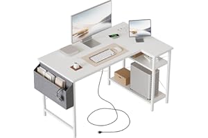 Mericonia Kleiner L-förmiger Schreibtisch mit Steckdosen, 100 cm L Computer-Eckschreibtisch mit umkehrbaren Regalen, Gaming-Schreibtisch, Schreibtische fürs Homeoffice, weiß