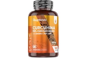 WEIGHTWORLD Curcuma Piperina Zenzero Complex, Curcumina 95%, 1 Capsula al Giorno (6 Mesi di Scorta), 180 Curcuma Capsule Vegane con Pepe Nero e Zenzero in Polvere, Integratore Turmeric, Senza Magnesio Stearato