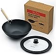 Uno Casa Blue Carbon Steel Wok Pan - 12 Inch Non-Stick Wok with Lid, Durable Flat Bottom Wok, Compact, Induction Wok for Both Indoor and Outdoor Cooking - Removable Wooden Handle Included