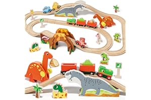 Lehoo Castle Holzeisenbahn, Holz Eisenbahn Kinder, Dinosaurier Spielzeug Holzeisenbahn Schienen, Dino Zug, Kompatibel mit Brio, Thomas