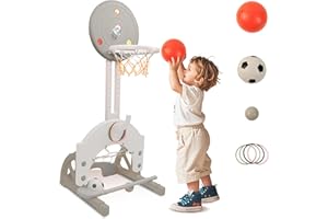 hoopyosms Canestro Basket 4-in-1 per Bambini, Altezza Regolabile con Porta Calcio e Lancio Anelli, Mini Canestro Interno ed Esterno, Gioco Sportivo Multifunzione per Bambini(Grigio)