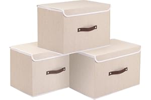 OUTBROS Boîte de Rangement, 45 x 30 x 30 cm Paniers de Rangement Pliables avec Couvercles et Poignées, Boîte Range pour Vêtement, Magazine pour, Chambre à Coucher (3 pièces, Beige)