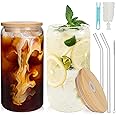 UHAPEER 2 Pack Can Shaped Drinking Glasses with Bamboo Lids and Straws, 19oz/550ml Glass Bamboo Cups, Beer Can Glasses, Iced Coffee Glasses Cups, Ideal for Water, Cocktail, Whiskey, Soda, Beer