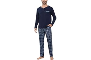 Bresdk Conjunto de Pijama Largo de Algodón con 2 Botones para Hombre, Ropa de Dormir de Dos Piezas
