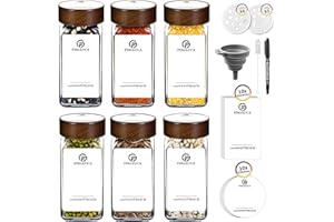 SIAZIH MRVNN 6 Botes Especias Cristal, 120 ml Botes para Especias Cocina Transparente Brillante, Frascos Especiarias con Tapa de Acacia, Organizar Especias de Cocina para Principiantes