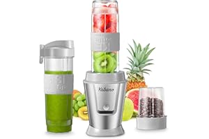 Blender Smoothie Makers 500W, 2 in 1 Multifunctional Personal Blender Mixer with 2x600ml Portable Bottles for Ice, Fruit, Vegetable, and 200ml Grinder, BPA-Free, Home/Outdoors, Grey, by Yabano