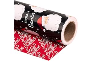 RUSPEPA Papier D'Emballage De Noël Réversible - Mini Rouleau - 43,2 Cm X 10 M - Noir Jolly Santa Claus, Design De Script Rouge Joyeux Noël Avec Feuille Métallique Brillante Pour Vacances, Fête