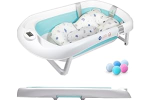 SUPERBE BEBE Foldable Baby Bath with Non-Slip Bath Cushion/Bath with Thermometer for Water Temperature Control/from Birth to 3 Years / 5 Plastic Balls (ISLANDE Paradise)