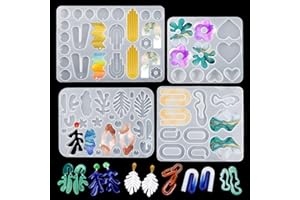 EPODA 67 Pièces Moules en Silicone Resine Epoxy de Bijoux boucle doreille avec Trou, Moules de Coulée en Silicone resine Bijoux pour pendentif, Feuilles, cœurs, cercles, fleurs