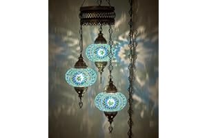 DEMMEX Lustre à 3 globes en mosaïque turque à brancher, plafonnier marocain fait à la main avec cordon de 4,5 m et chaîne, suspension décorative de style bohème pour salon, chambre à coucher, 1,1 m