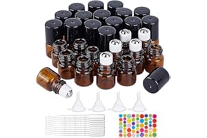 BENECREAT 30 Packung 1ml Bernsteinglas Rollflasche mit schwarzer Kappe Mini ätherisches Öl Roll on Flasche mit 4 PCS Trichtern, 1 PC Öffner, 10 PCS Tropfer und 1 Blatt Etikett für ätherisches