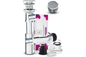 M. ROSENFELD HOME Fregadero de sifón de diseño + desagüe cromado con válvula POP UP con desbordamiento + 1 regulador de chorro M24 ahorro de agua para grifo accesorio – tapón de olor incluye juntas con abertura