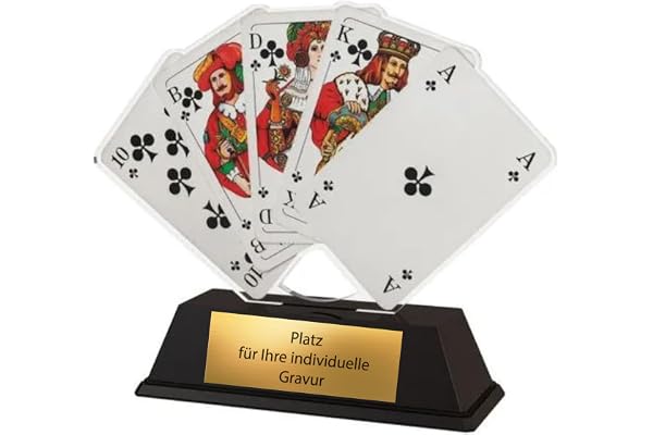EBERiX POKALE Trophée de cartes XS en acrylique de 10 cm avec plaque gravée pour skat, double tête et poker, trophée de cartes à jouer élégant en plastique solide