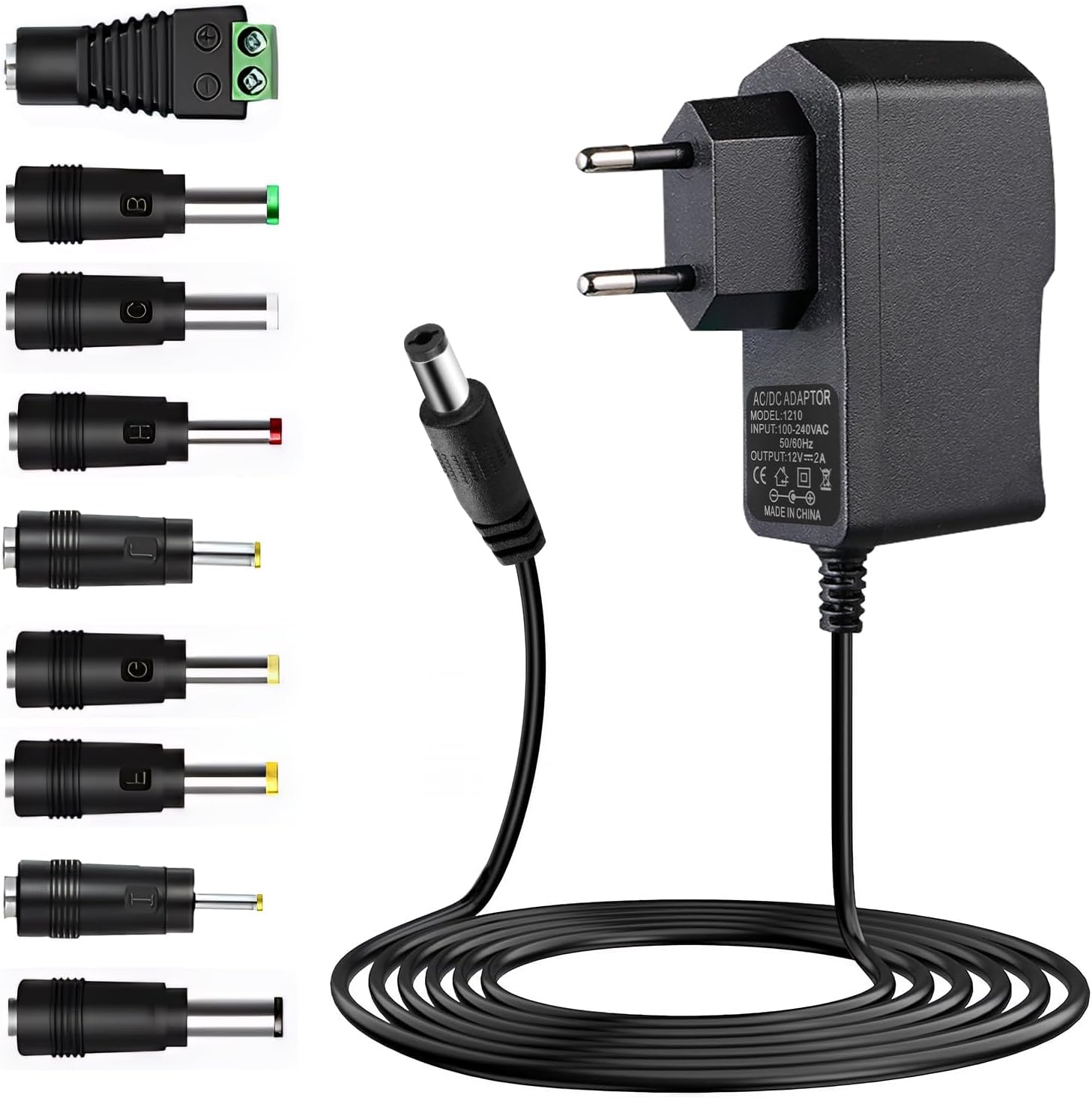 Fuente de Alimentación Universal 12V 2A, AC DC Adaptador con 9 DC Enchufes, Power Supply 100-240V 50/60Hz, Cargador DC 5.5mm X 2.1mm para Tiras LED Cámara CCTV Router WLAN Ventilador Caso Caja de TV