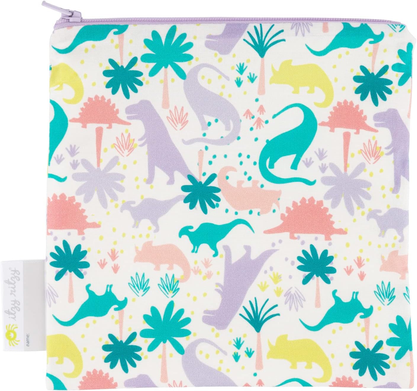 Itzy Ritzy Reusable Snack Bag – 7” x 7” BPA-Free Snack Bag is Food Safe, Washable and Ideal for Storing Snacks, Pacifiers, Electronics and Makeup in a Diaper Bag, Purse or Travel Bag, Purple Dinosaur