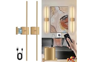 LINKENAIL 2 Piezas Apliques de Pared LED Sin Cable, USB Recargable Lámpara de pared con Mando y Control Táctil, 6000mAh Batería Luz de Pared Regulables, 350° Giratorio, para Sala de Estar Dormitorio, Oro 80CM