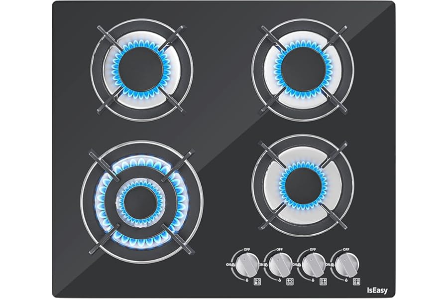 Gas Hob with 4 Burners, Built-in 60 cm, Tempered Glass, 7800W, Self-Locking Safety with Thermocouple, NG/LPG (Includes Conversion Kit)