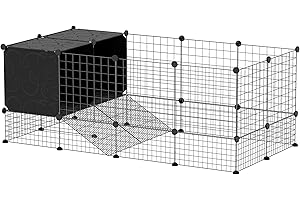 PawHut Rabbit Run, Pet Playpen, Small Animal Cage Enclosure, C&C Cage with Elevated Huts, 31 Panels, for Guinea Pigs, Hedgehogs, for Indoor Use