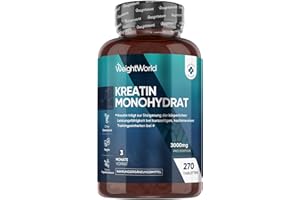 ‎WEIGHTWORLD Creatin Monohydrat Tabletten - 3000mg pro Portion - 270 Kreatin Vegan Tablets - 3 Monate Vorrat - Creatine - 3 Kreatin Monohydrat Tabletten pro Tag - Für Männer und Frauen - Glutenfrei - WeightWorld