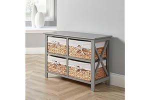 Home Source Wooden Storage Cabinet Chest Water Hyacinth Basket Hallway Organiser Unit, Grey, 4 Drawer
