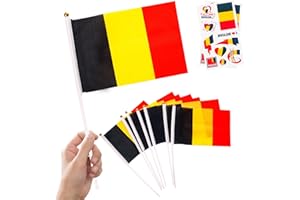 YAAVAAW Lot de 10 petits drapeaux de Belgique sur bâtons et 2 tatouages, décorations olympiques de Belgique 2024, mini drapeaux belges à main pour les jeux olympiques de football de 2024, événements sportifs