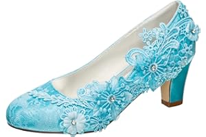 Emily Bridal Wedding Shoes Women's Silk Like Satin Chunky Heel Pumps with Stitching Lace Flower Crystal Pearl