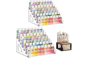 YEXEXINM 2 Pcs Acrylic Paint Organizer with Paint Brush Holder, 7 Layers Clear Paints Storage Rack Craft Colorant Holder Rack for Craft Hobby Miniature Model Light Pigment Bottle