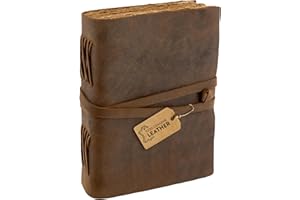 moonster Vintage Leather Journal – Handmade Leather Bound Notebook for Journaling with 240 Pages Tree-Free Cotton Deckle Edge Paper – Blank Antique Travel Book, Sketch Pad, Diary, Sketchbook - 8x6