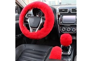 Silence Shopping Fluffy Steering Wheel Cover, Fuzzy & Furry, 3 Pcs Set, 14.96Inch (Red)