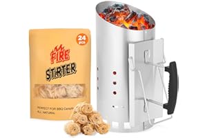 SUNLIFER Large BBQ Charcoal Chimney Starter: Quick Fire Starters With Natural Wood Wool Fire lighters 24Pcs, Coal Starter for Barbecue Grill (38Cm Height)