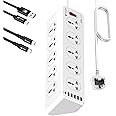 CAROSKI- Extension Cord with 10 Sockets & 6 USB Ports - Heavy Duty Triangular Shape Power Extension With 1 Year Warrenty 4 USB-A Ports 2 Charging Cables Power Strip with 2m extension Cable