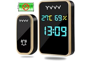 YVVV Timbre Inalámbrico Exterior Impermeable, con Pantalla de Tiempo, Temperatura y Humedad, 38 Melodías，4 Niveles de Volumen - Sin Batería Requerida -Doorbell de Puerta para Interior, Negro